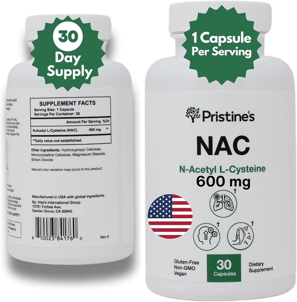PRISTIN 'S N- Acetyl L- Cysteine (NAC) 600MG 30- Day Suppply PowerLung & Liver Imunity Antioksidant Supplemen - Mood & Mental Health Support