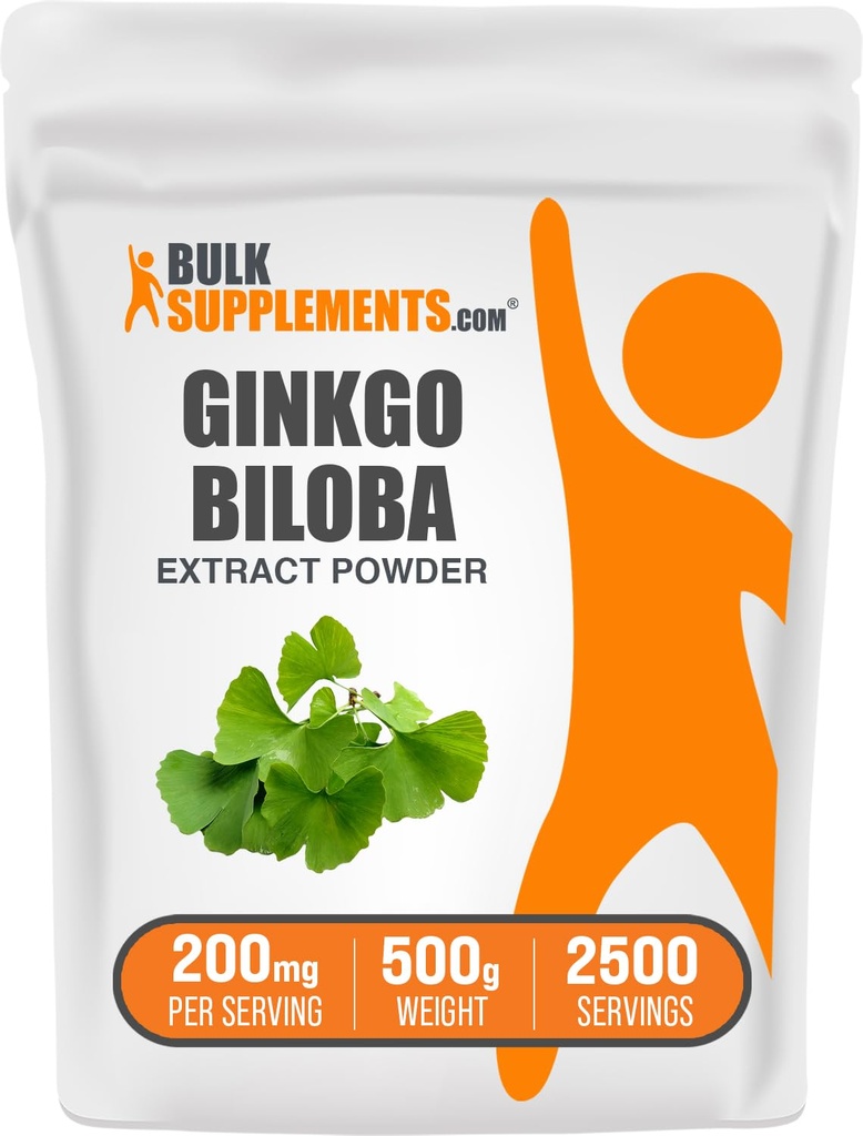 BulkSuplements.com Ginkgo Biloba Extract Powder - dari Ginkgo Biloba Leaf, Antioksidant Source, Herbal Suplemen - Bebas Gluten, 200mg per Serving, 500g (1.1 lbs) (Paket 1)