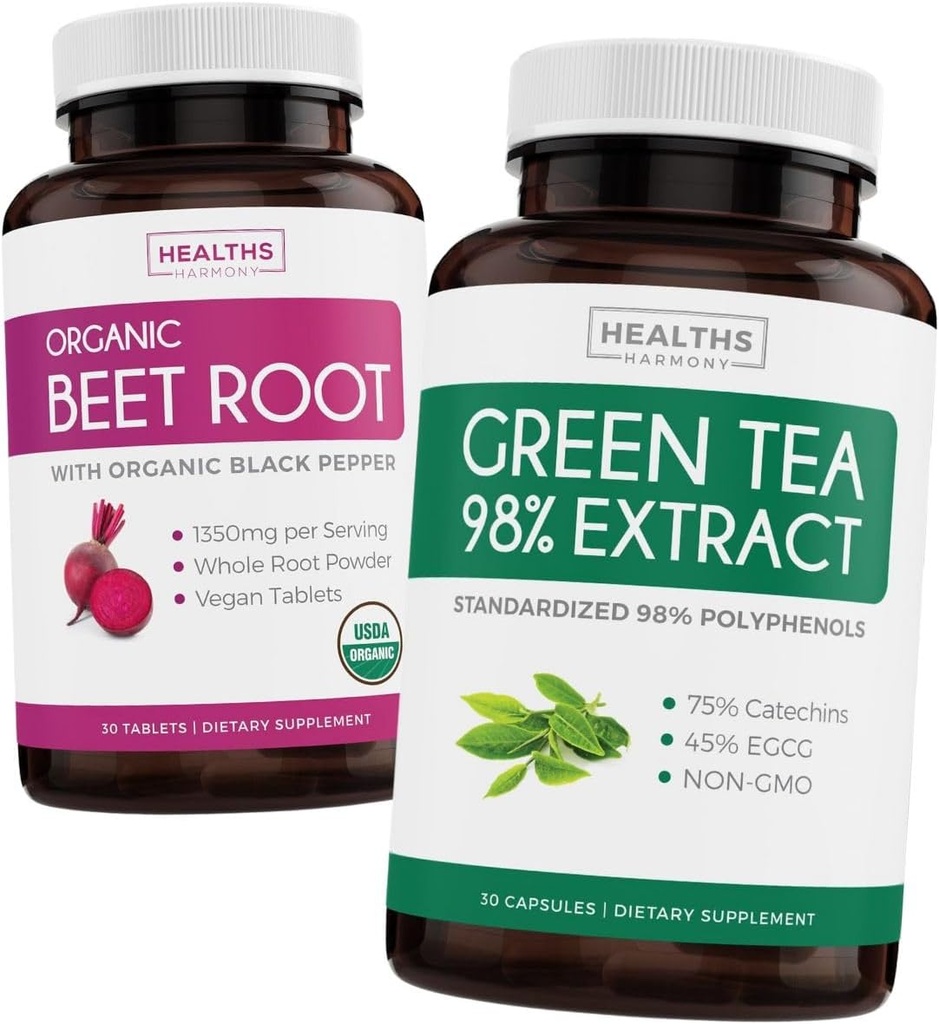 Beet Root & Green Tea Extract (2- Week Supply) Beet & Tea Power Mix - Root Beet Organic Beet with Black Pepper for Absorpsi 1250mg (30 Tea Extract 98% dengan EGCG 100mg per layanan (30 caps)