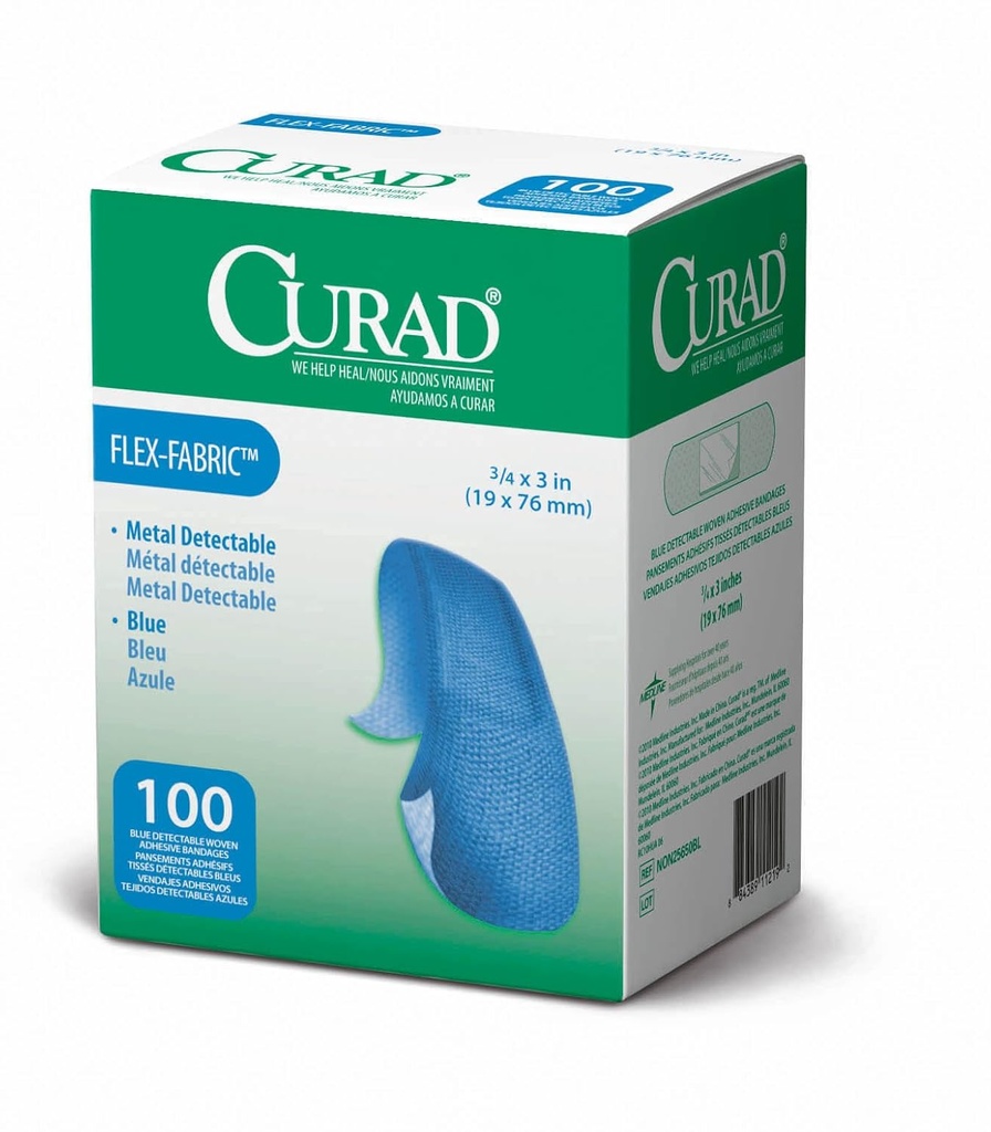 CURAD Food Service Metal Detectable Blue Fabric Adhesive Bandages 3 / 4 "x 3", Paket 100