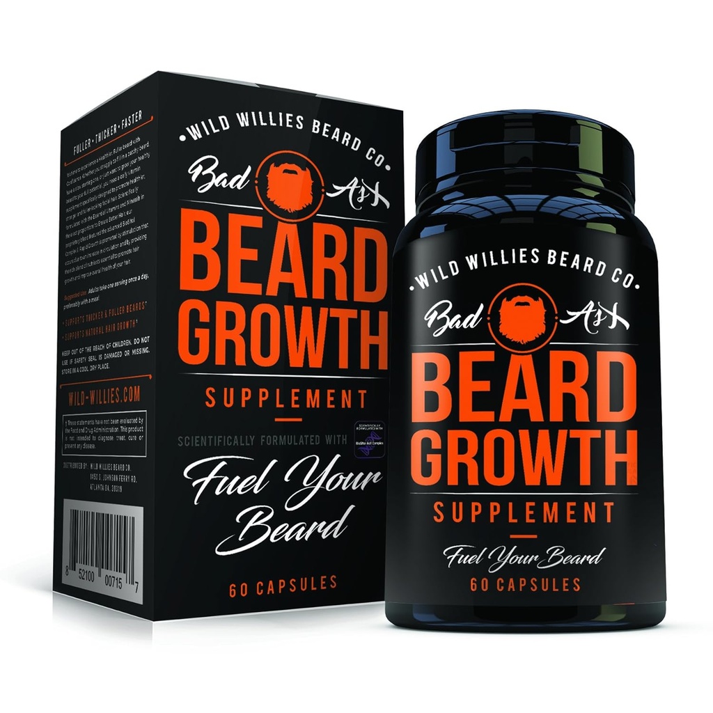 The Manskape Co Beard Growth Vitamin for Men by Wild Willies - Alami Perkembangan Rambut Lebih Cepat - 60 Capsules dengan Biotin - Tumbuh Besar, Fuller Beard dan Kumis Hari ini