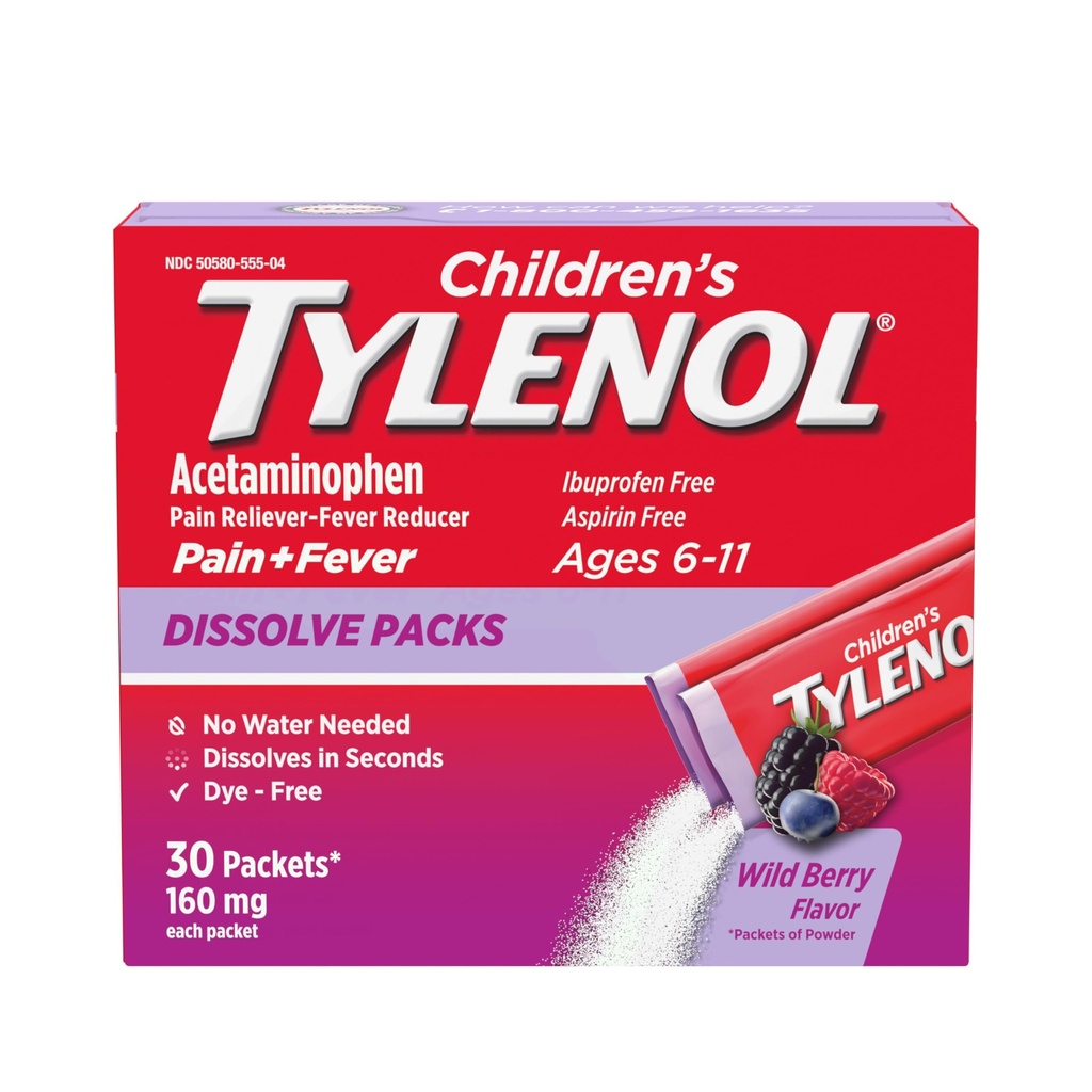 Anak-anak Tylenol Dissolve Packs for Pack Suin Relief, Fever Medication, 160 mg Acetaminophen, Dye Free, Powder Anak untuk Cold & Flu Symptom Relief; Wild Berry Flavor, 30 ct.; Paket 1
