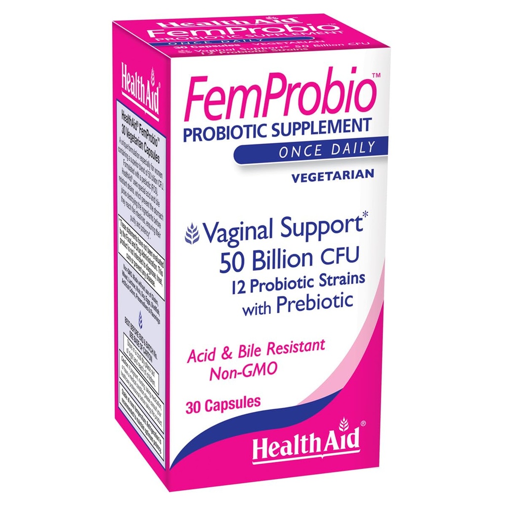 Healthaid FemProbio - Once-Daily Probiotic dengan Prebiotic Fiber 124; 50 Milyar CFU 124; 30 Vegetarian Capsules Acid & Bile Resistant, Laktosa, Gluten & GMO-Free