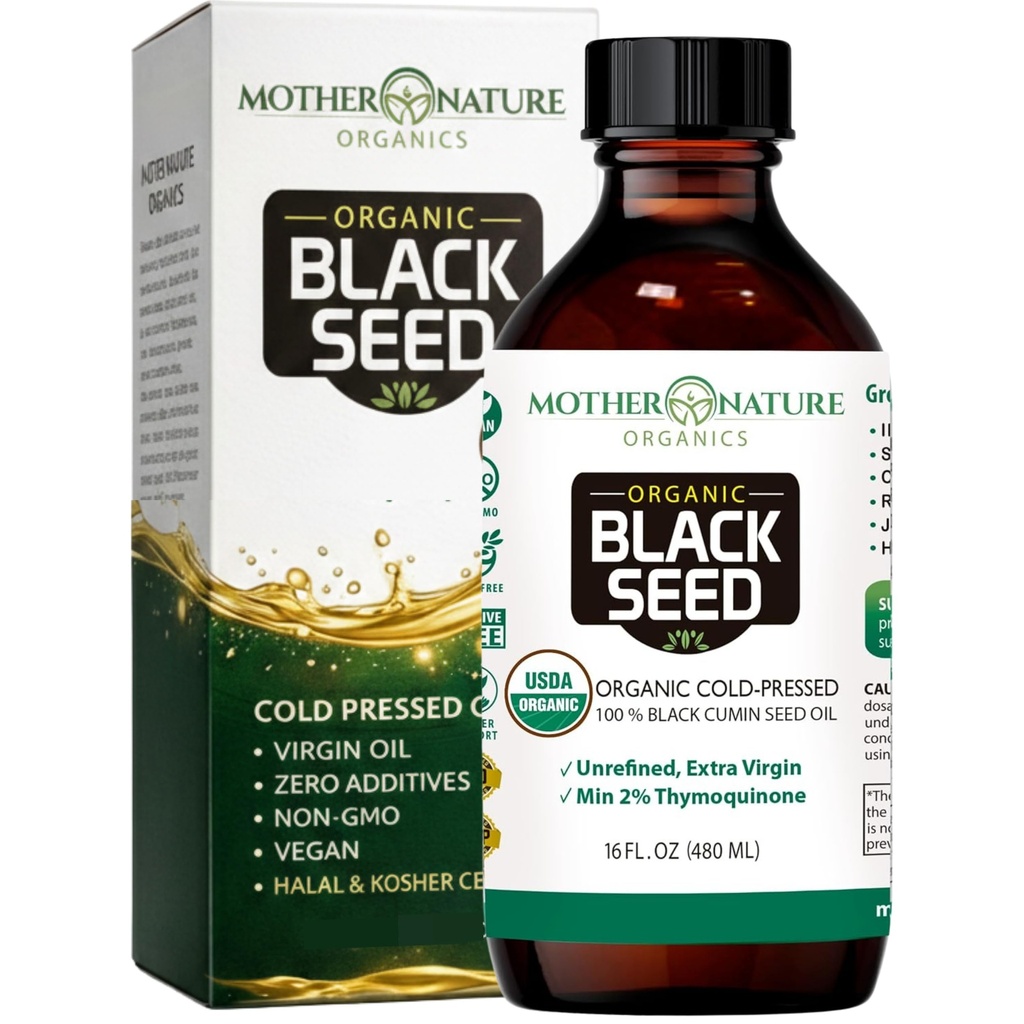 Ibu Alam USDA Organik Minyak Benih Hitam - Dingin Menekan, Unsoured & Vegan Nigella Sativa, Tinggi Thymoquinone (2% +), Omega 3 6 9 untuk Imune, Gabungan & Heart Dukungan, Rambut & Skin, NON-GMO, 16oz