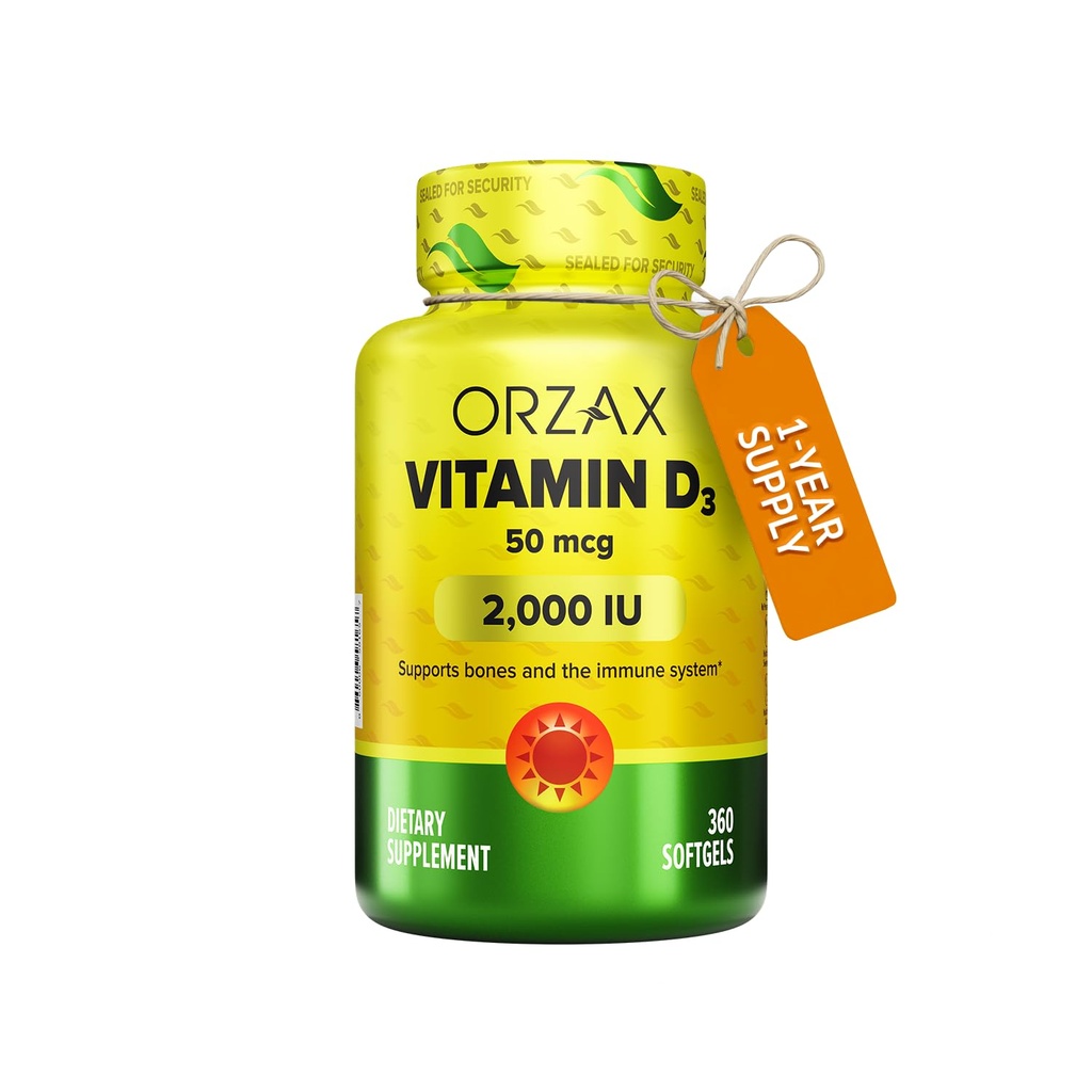 ORZAX Vitamin D3 2000 iu (50 mcg) - Non- GMO, Gluten Free, Sugar Free, Dairy Free - Persediaan 1 Tahun Untuk Fungsi Otot Kuat dan Dukungan Imune - Persediaan Mood untuk Wellness (360 Softgel)