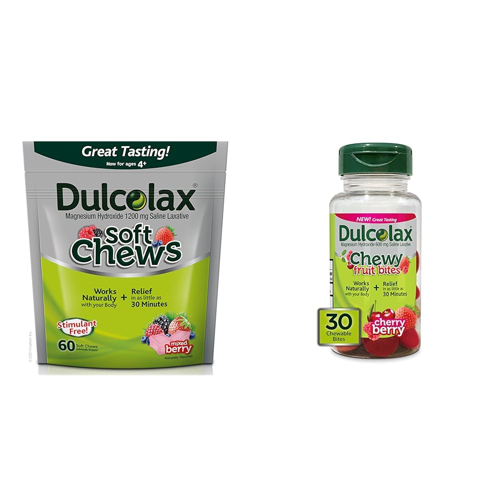 Dulcolax Soft Chews Saline Laxative Mixed Berry (60ct) Gentle Constipation Relief & Chewy Fruit, Saline Laxative, Cherry Berry (30ct) Crastipation Relief Bebas