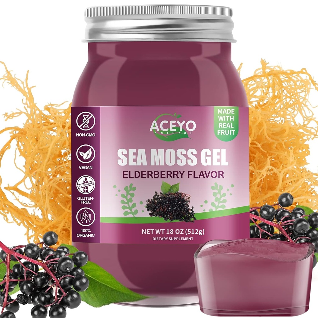 ACEYO (18 OZ) Irish Elderberry Sea Moss Gel Organic Raw Vegan Flavor 102 Vitamin dan Minestray Wild Harowed None-GMO Ammune Defense Booster Digesy Dukungan