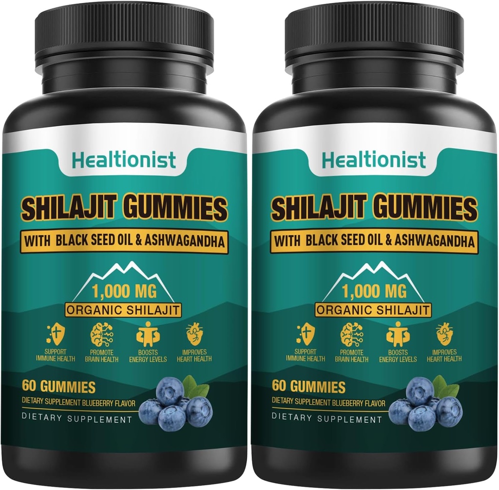 2 Paket 1000 MG Shilajit Tambahan Gummies dengan 85 + Trace Mineces, Fulvic Acid, Murni Shilajit Shilajit Gummy untuk Pria & Women, Energy, Brain, Immunity Support - 120 Counts