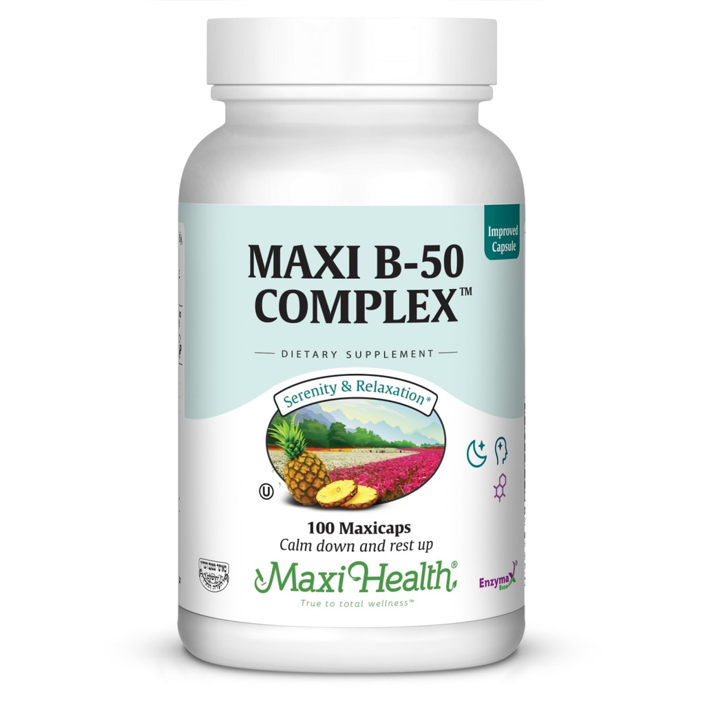 Maxi Health Vitamin B Complex - High Potency B Complex Vitamin B-50 dengan B1, B2, B3, B6, B12, Biotin & Flolate - Dukung Cellular Energy & Mental Clarity - 100 Capsules