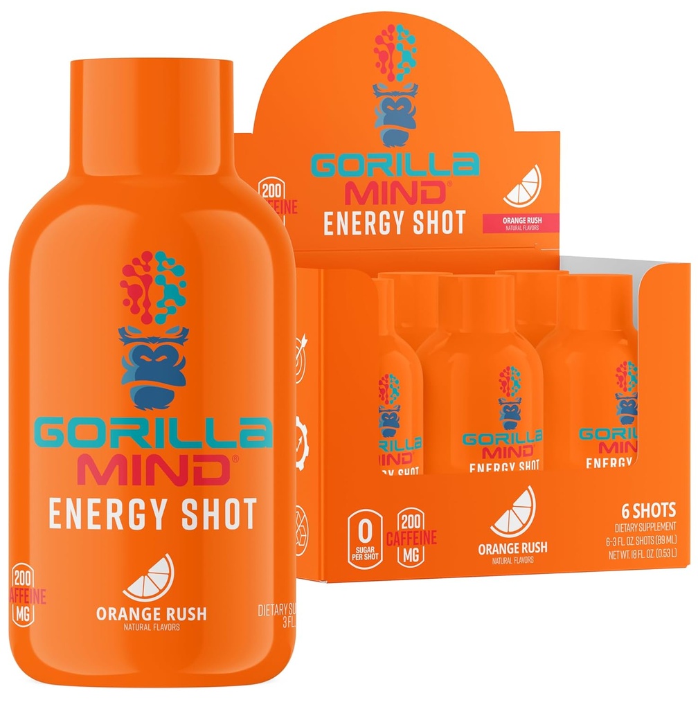 Goilla Mode Energy Shots (6- Pack) - Energi Shots for Enhanced Focus & Energy, Sugar- Free, Fast-Acting, ProgerFormula dengan Vitamin & Natural Extracts (Orange Rush)