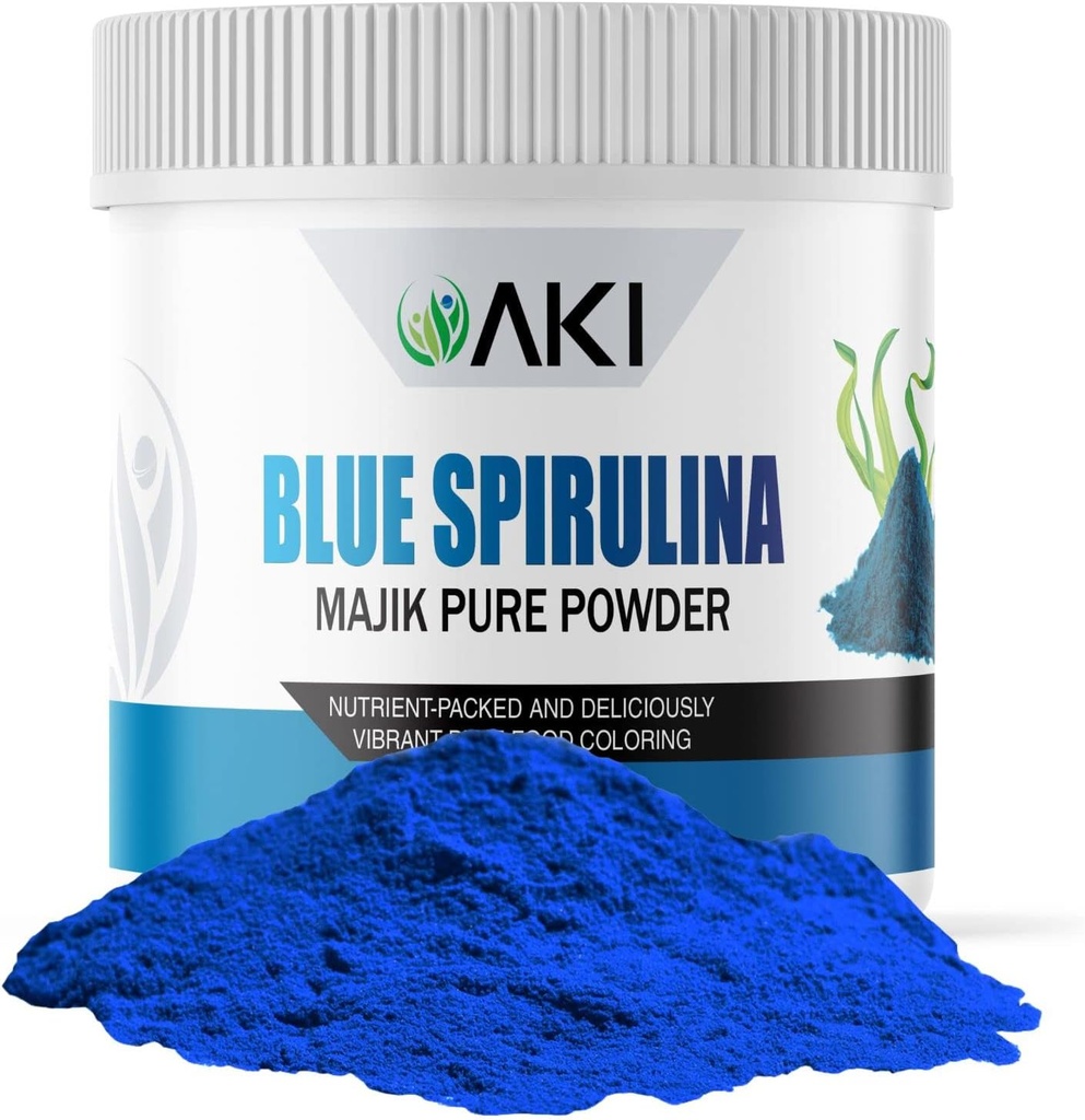 AKI E18 Grade Blue Spirulina Powder Pawder - Ultra concented Phycocyanin Superfood - Deep Blue, Vegan & Non-GMO - I deal for Smoothies, Ice Cream, Yogurt or Pastri - 2oz / 57g