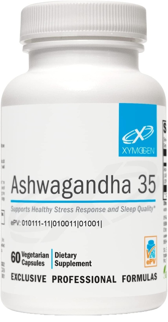 XYMOGEN Ashwagandha 35 - Patented, Purified Ashwagandha Root + Leaf Ekstrak (35% Withanolide Glycosides) - Mendukung Respon Heally Stress, Relaxation and Quality Nighttime Istirahat (60 Capsules)