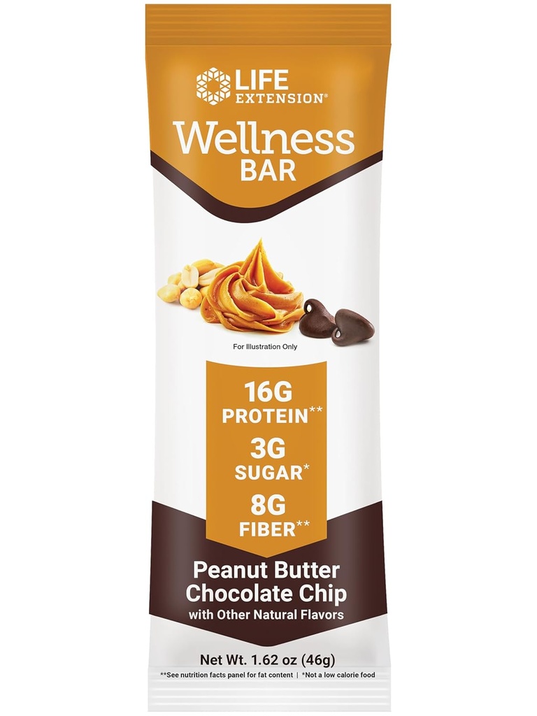 Life Extension Wellness Bar (Peanut Proteat Chocolate Chip) - 16 g of Protein, 8 g of Fiber, 3 g Sugar - Cacao Chocolate Chips, Whey Protein Isolate Blend - Snack Bars, Gluten- Free-Individually