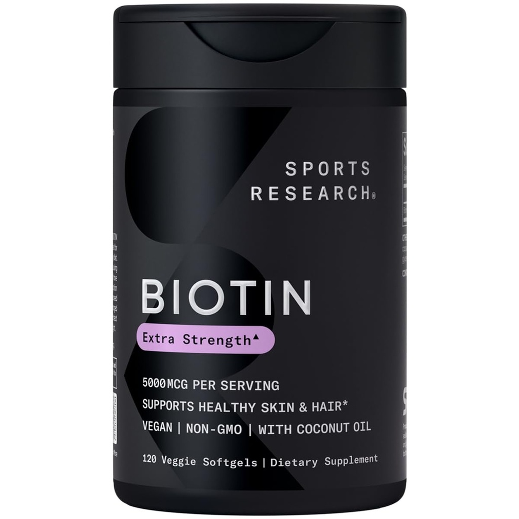 Penelitian Olahraga ® Biotin 50000 mcg dengan Oil Organik Coconut - Biotin (Vitamin B7) untuk Dukungan Rambut dan Kulit Sehat * - untuk Perempuan dan Pria - Vegan, Non- GMO, Gluten & Soy- Free - 120 Veggie Softgels