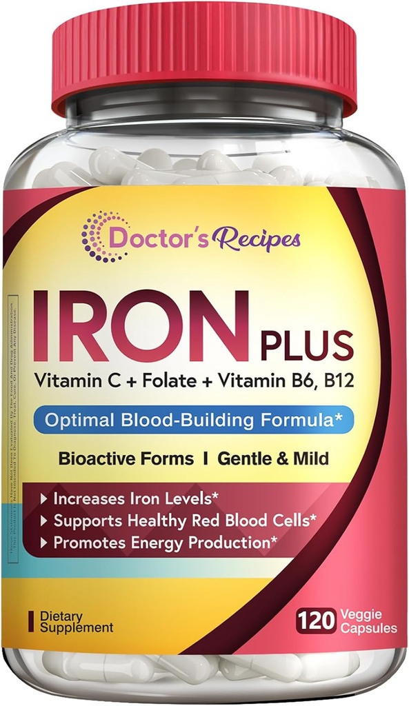 Doctor 's Recepes Iron Supplement for Women - Gentle Iron Bisglycinate with Vitamin C, B6, Folate & B12 - Non-Constipating & Homach Friendly Pill for Blood & Energy Dups, 120 Vegan Caps