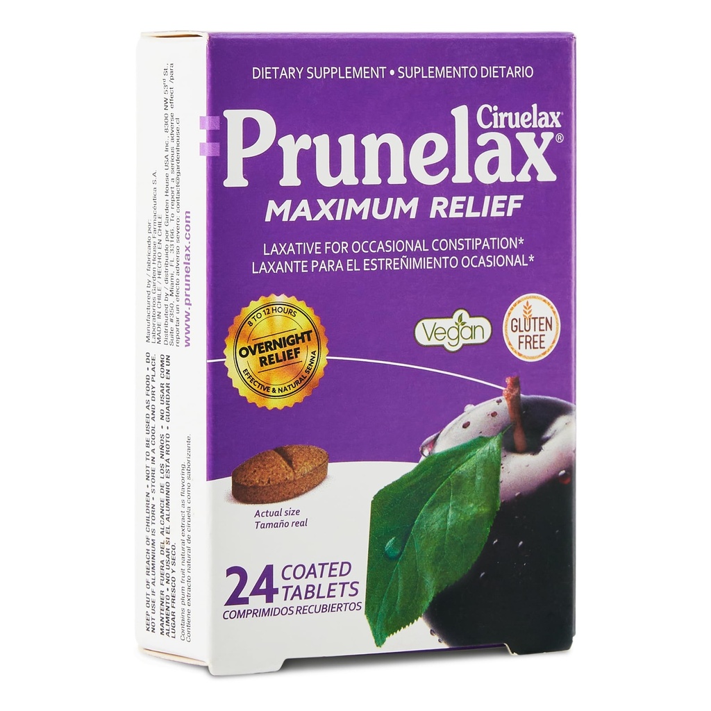 Prunelax Ciruelax Maximum Relief Laxative Tablet dengan Senna Natural for Occasional Constipation, Senna Extract, Vegan & Gluten- Free, Gentle Overnight Relief - 24ct