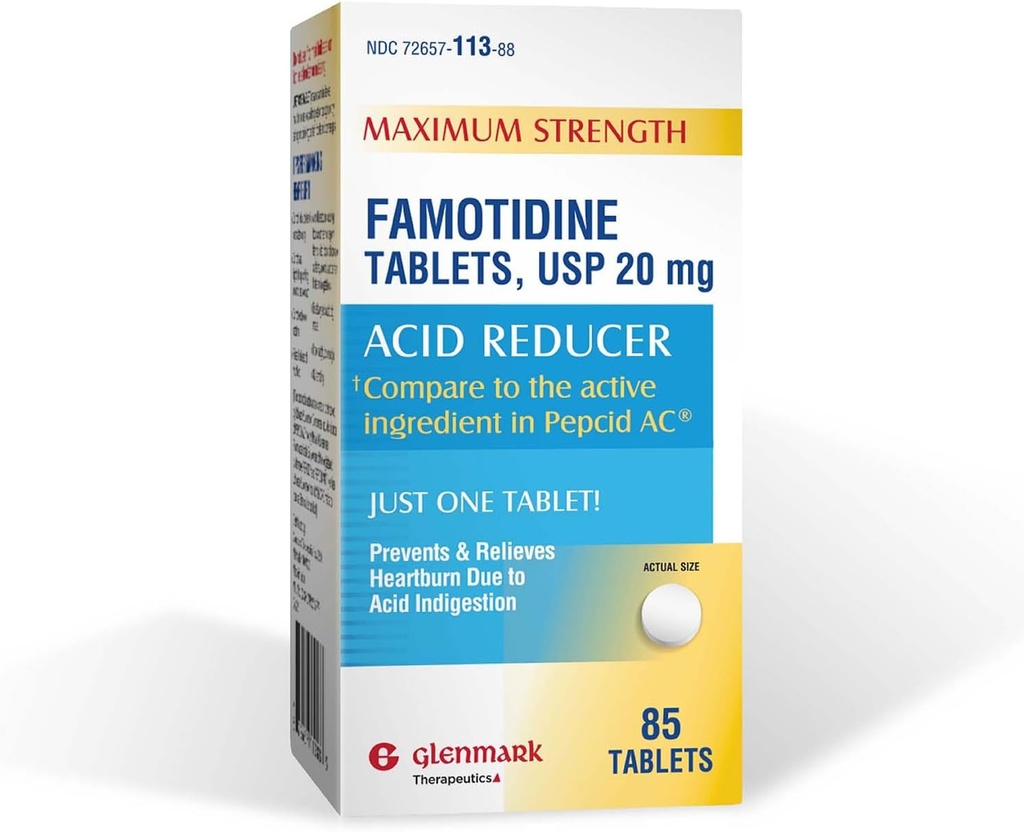 Glenmark Maximum Power Fomotidine Tablet, 20 mg, Acid Reducer for Heartburn Relief, 85 Count