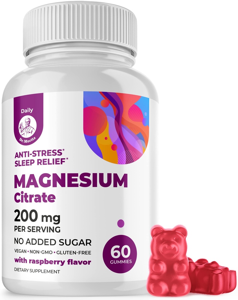 DR. MORITZ Magnesium Citrate Gummies - Sugar-Free Calm Magnesium Gummies - Mempersiapkan Respon Stress Healthy - Raspberry Flavor - Non-GMO, 200 mg (60 Count)