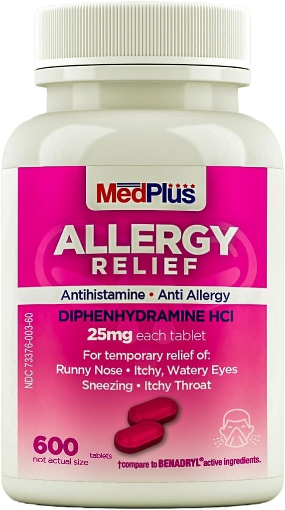 MedPlus Allergy Relief Medicine, 25 mg, 600 Tablet 124; Diphenhydramine Hcl 14; Antihistamin 124; Relief for Indoor Allergies, Pink