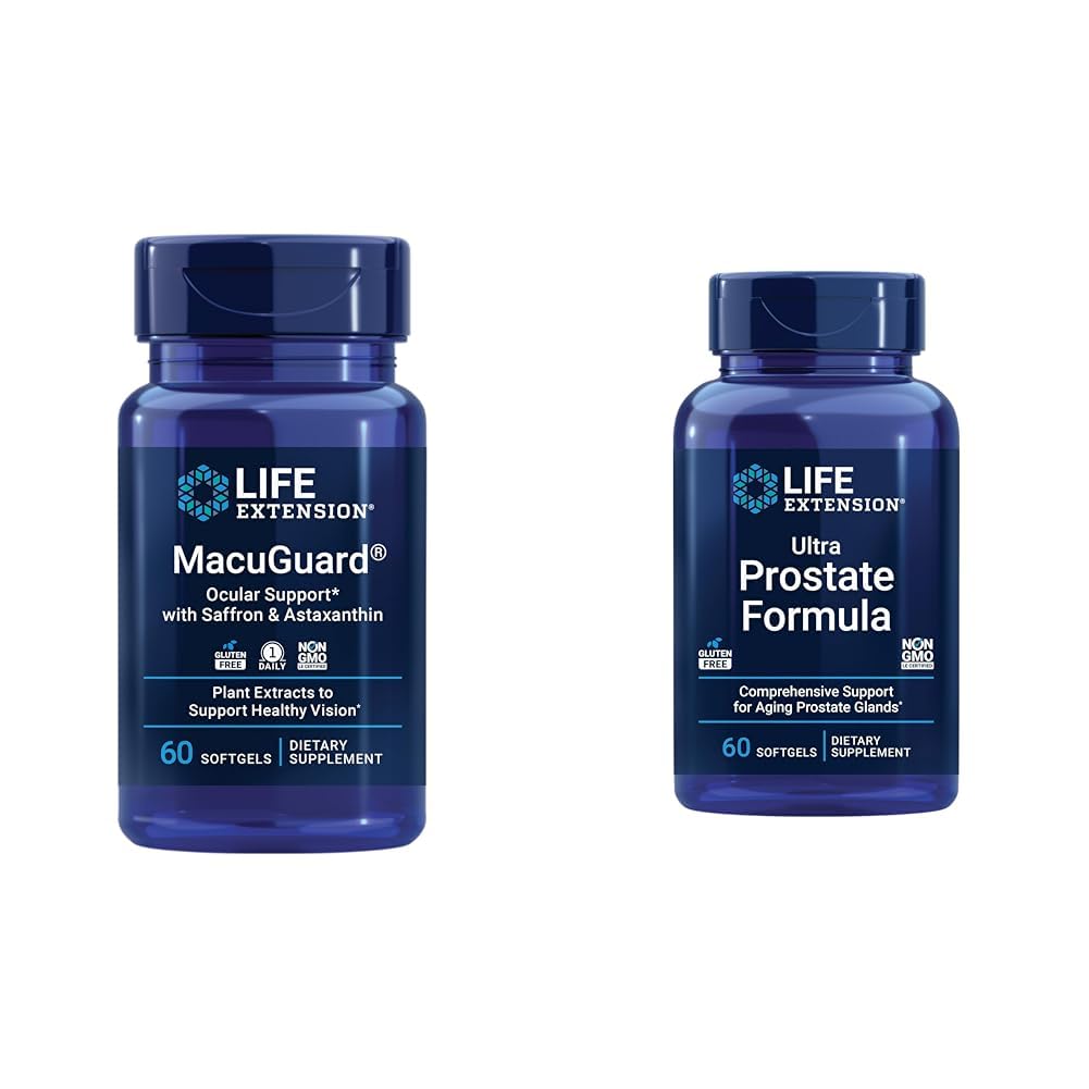 Life Extension Macuguard Ocular Support with Saffron & Astaxanthin 60 Count and Ultra Prostate Formula Saw Palmetto 60 Softgels