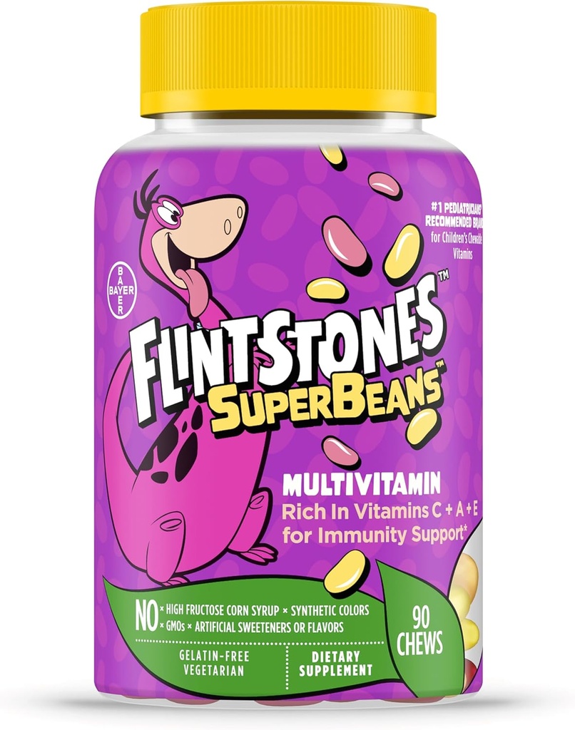 Flintstones SuperBeans, Kids Multivitamin with Imunity Support with Vitamin A, D, Iodin & Zinc to support Heally Growth, Fruit Flavored, Vegetarian, Jelly Bean Chews, 90 Count (Packaging mungkin bervariasi)