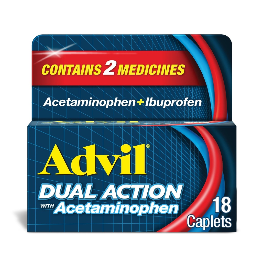 Advil Dual Action Coated Caplets with Acetaminofhen, 125mg Ibuprofen and 250mg Acetaminopenhen Per Caplet for 8 Hour Pain Relief - 18 Count