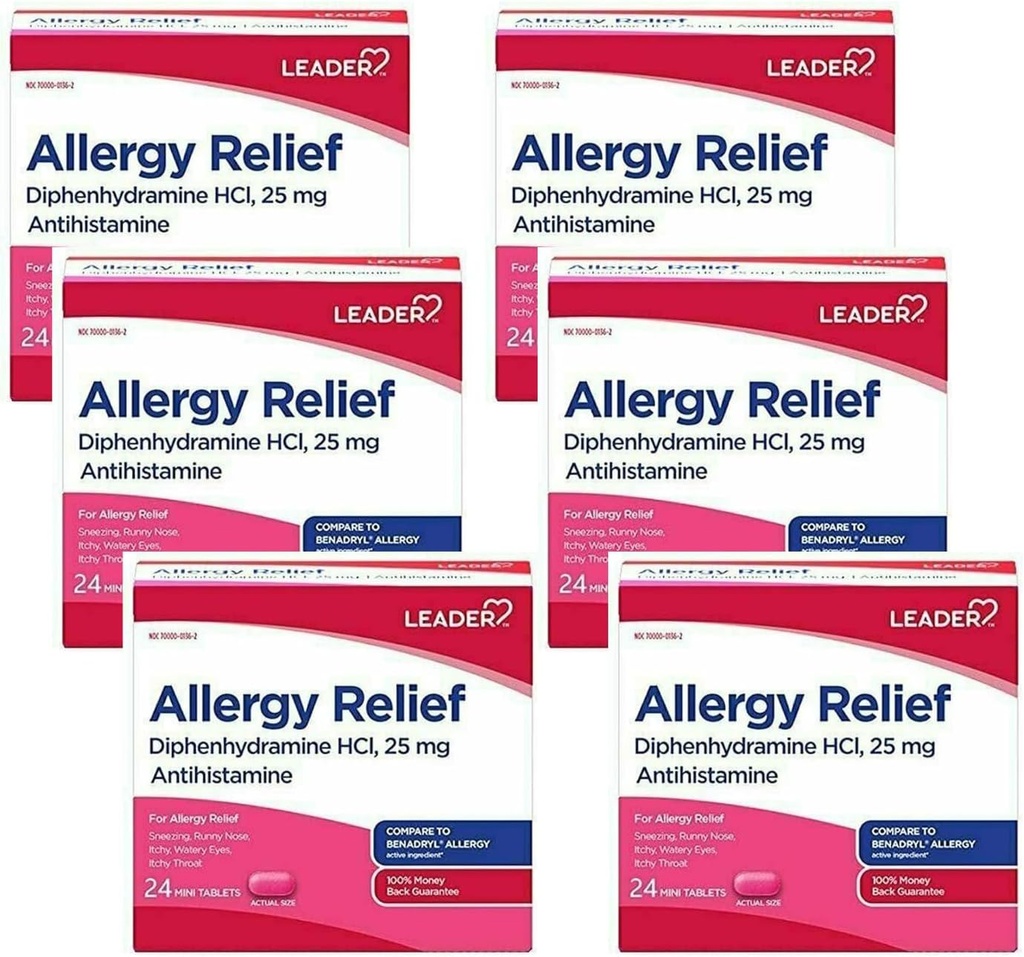 Pemimpin Antihistamin Relief Allergy Diphenhydramine HCI, 25mg Mini Tablet, 24 Count Pack of 6