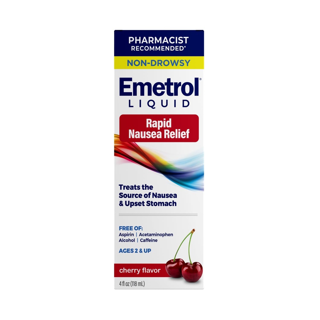 Emetrol Non-Drowsy Nausea Relief - Obat Liquid for Upset Stomach Relief - Apotesis Rekomendated Nausea Medicine - Cherry Flavor - 4lfl oz
