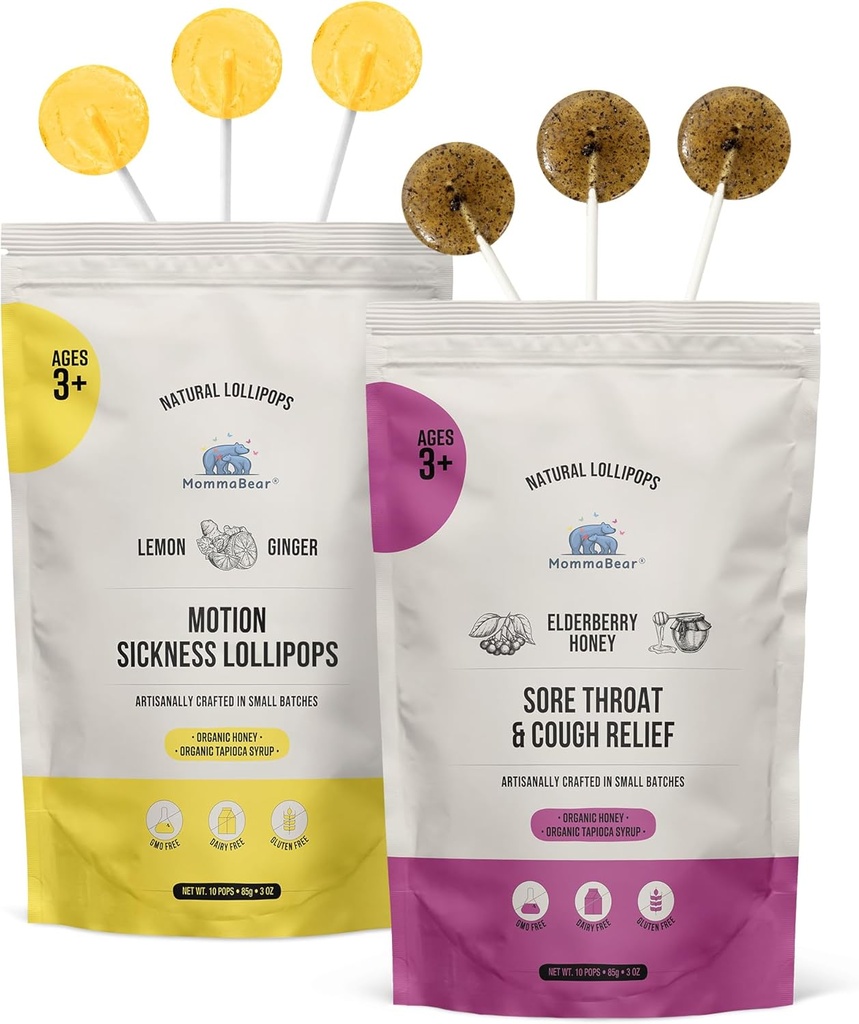 MommaBear Organic All Nautical Motion Sickness and Throat Relief Lollipops Get Well Soon Pack 124; Throat Soothing & Nausea Calming Honey Lollipops for Dewasa, Pregnant Women & Kids 3 + Alag4; Pack of 2 Bundle