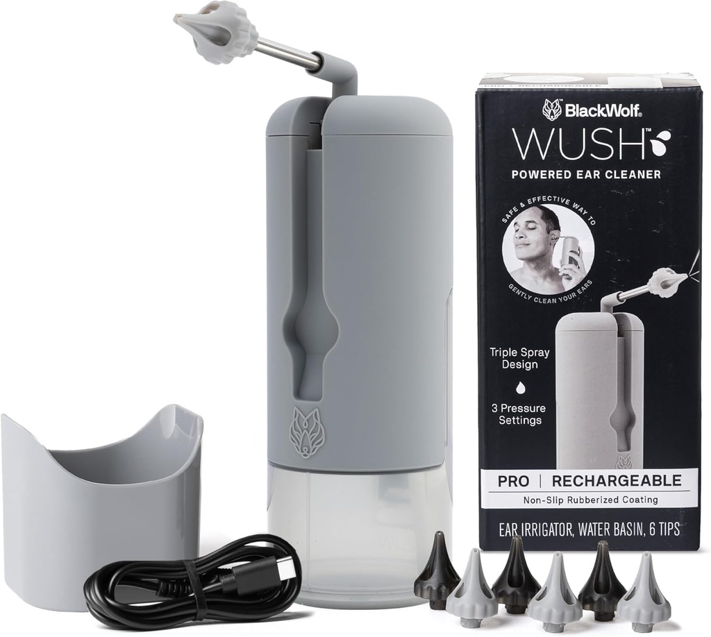 Wush Pro oleh Black Wolf - The Original Deluxe Water Pounced Ear Cleaner dengan 6 Penggantian Yang Bisa Dipakai oleh Black Wolf - Aman & Efektif untuk Ear Wax Buildup - Electric Ear Wax Removal Kit (Grey)