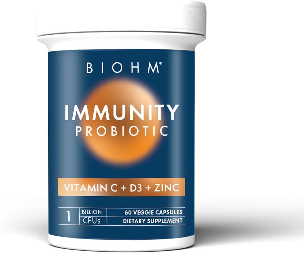 Probiotik kekebalan tubuh BIOHM dengan Vitamin C, D3 & Zinc, 1 Milyar CFU (60 Capsules) Program Harian bagi Perempuan & Pria, Kesehatan Digetical & Imune Dukungan, Vegan, Gluten-Free dan Non-GMO