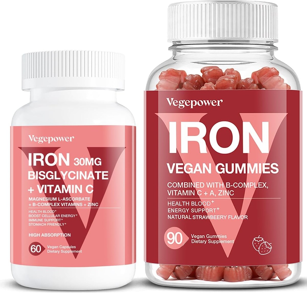 Vegan Iron Gummies Strawberry Plus Iron Bisglycinate 30MG: 124; Vegan Iron Supplement for Blood Heally & Daily Energy for Dewaty & Kid - 90 Count + 60