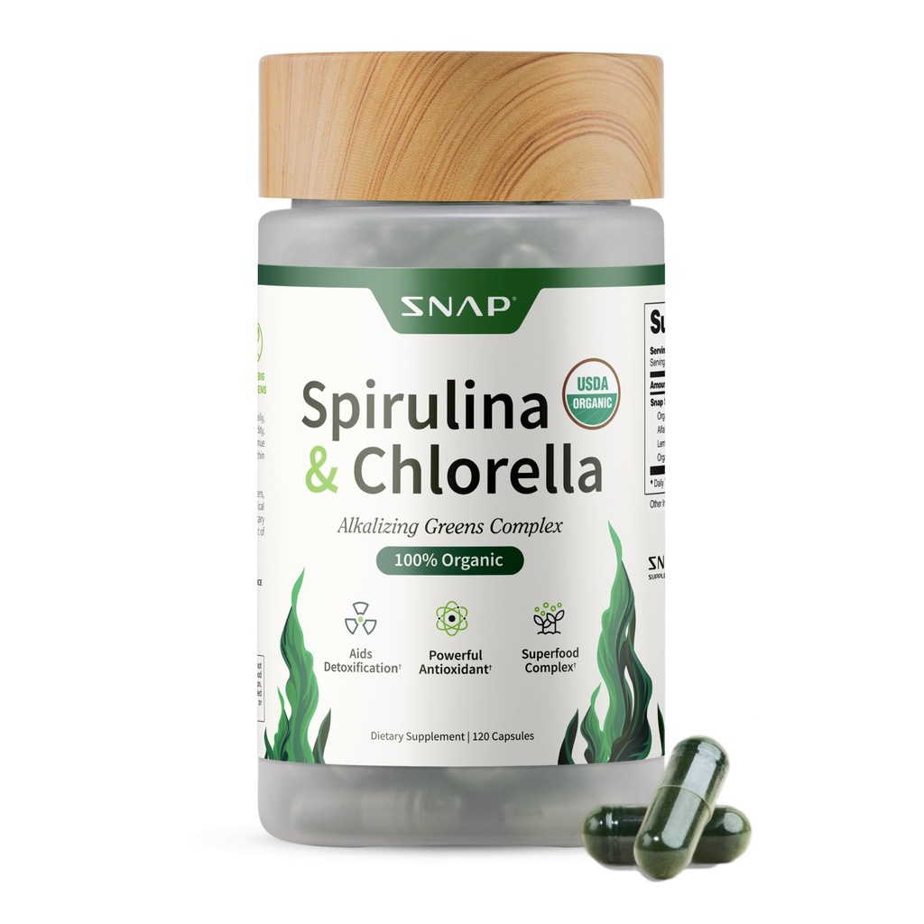 Snack Supplemen Organik Spirulina dan Chlorella - Protin Blue Green Algae Superfood Suplement for Energy and Imune Support, 120 Vegetarian Capsules (30 Servis, 1 Bulan Supply)