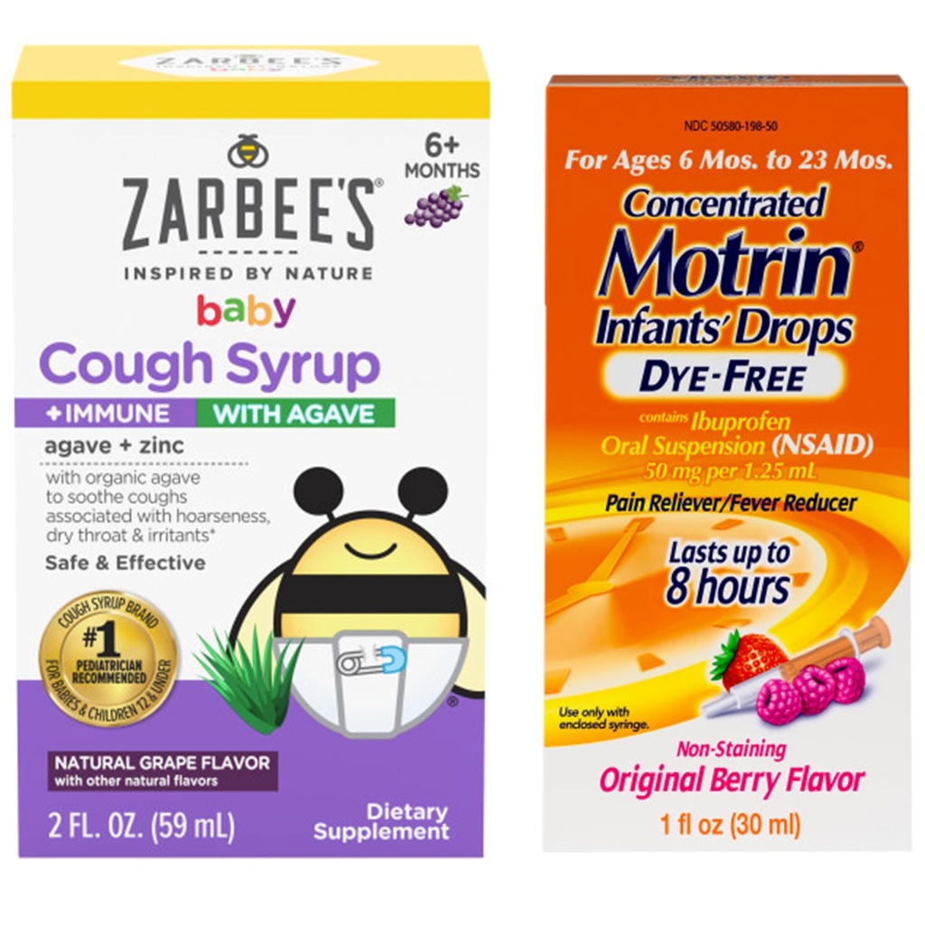 Motrin dan Zarbee 's Essenitials for Infants Infants' concendered Liquid Medicine Drops with Ibuprofen and Zarbee Baby Coughters Syrup + Immune with Organic Agave + Zinc