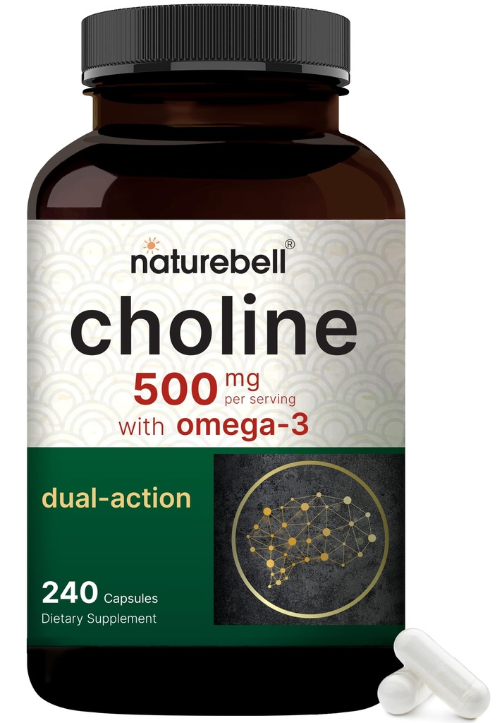 NatureBell Chooline Suplemen 500mg dengan Omega-3 Fatty Acids, 240 Capsules 14; Chings Potensi Tinggi Choline - Prenatal During Pregnancy - Promotes Energy, Liver, Brain, & Kognitive Health