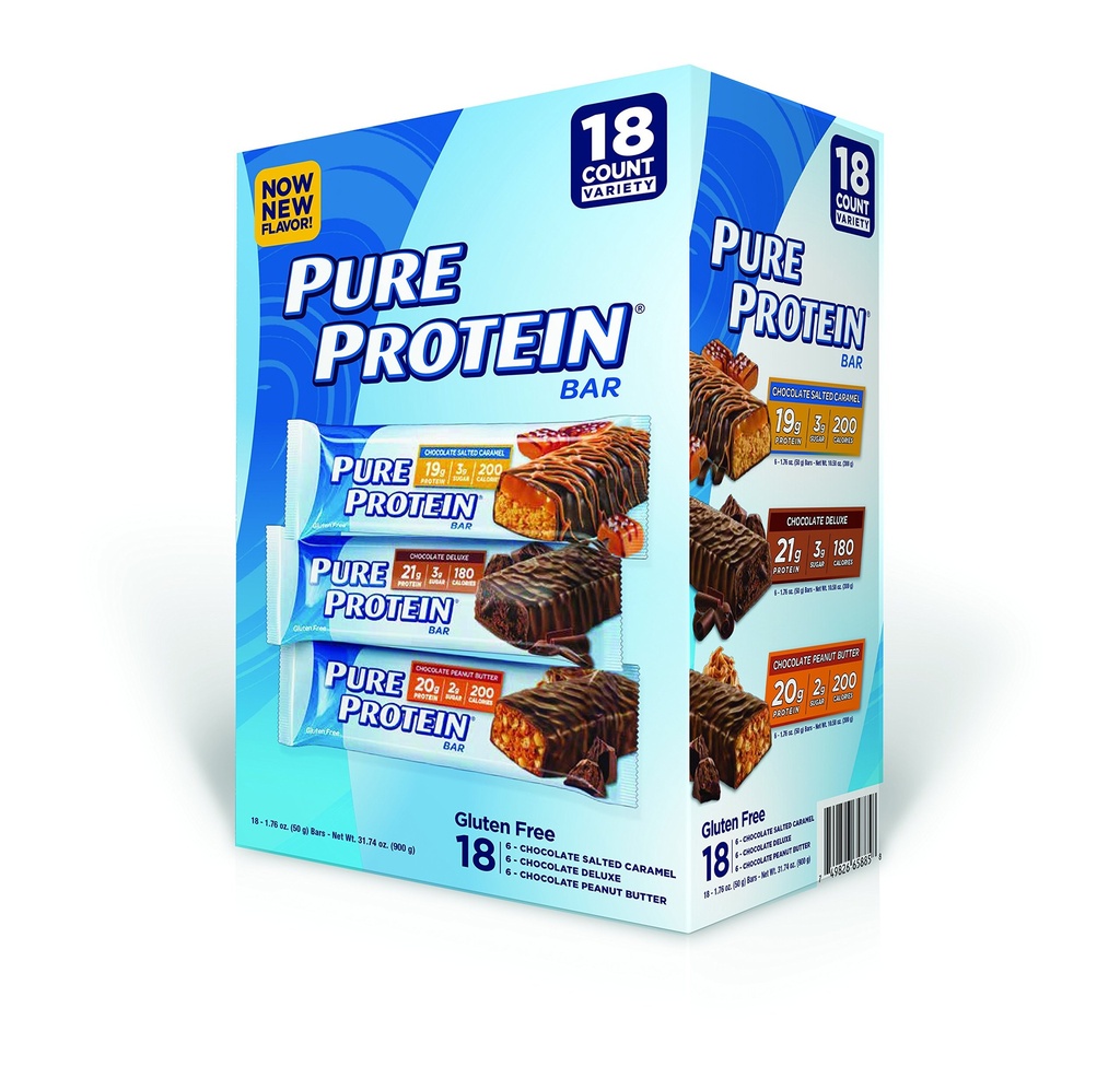Bar Protein Murni, Coklat Peanut Butter / Salted Caramel / Chocolate Deluxe, 18 Count