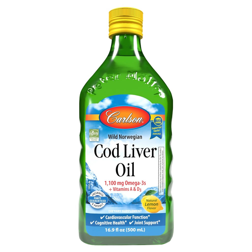 Carlson - Cod Liver Oil 1100 mg Omega- 3s Plus Vitamin A & D3, Wild Caught Norwegia Arktik, Disediakan Modisasi Nordic Fish Oil Liquid, Lemon, 500 mL (16.9 Fl Oz)