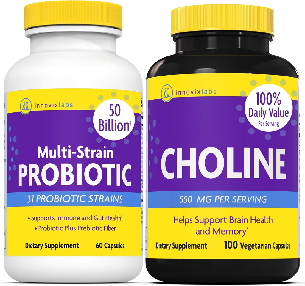 Chooline & Multi Probiotic Bundle Blindine Bitartch 550mg (100 Capsules) Multi Strain Progres (60 Capsules). Mendukung Memori, Mood, Kesehatan Otak & Kognitif Boost. *
