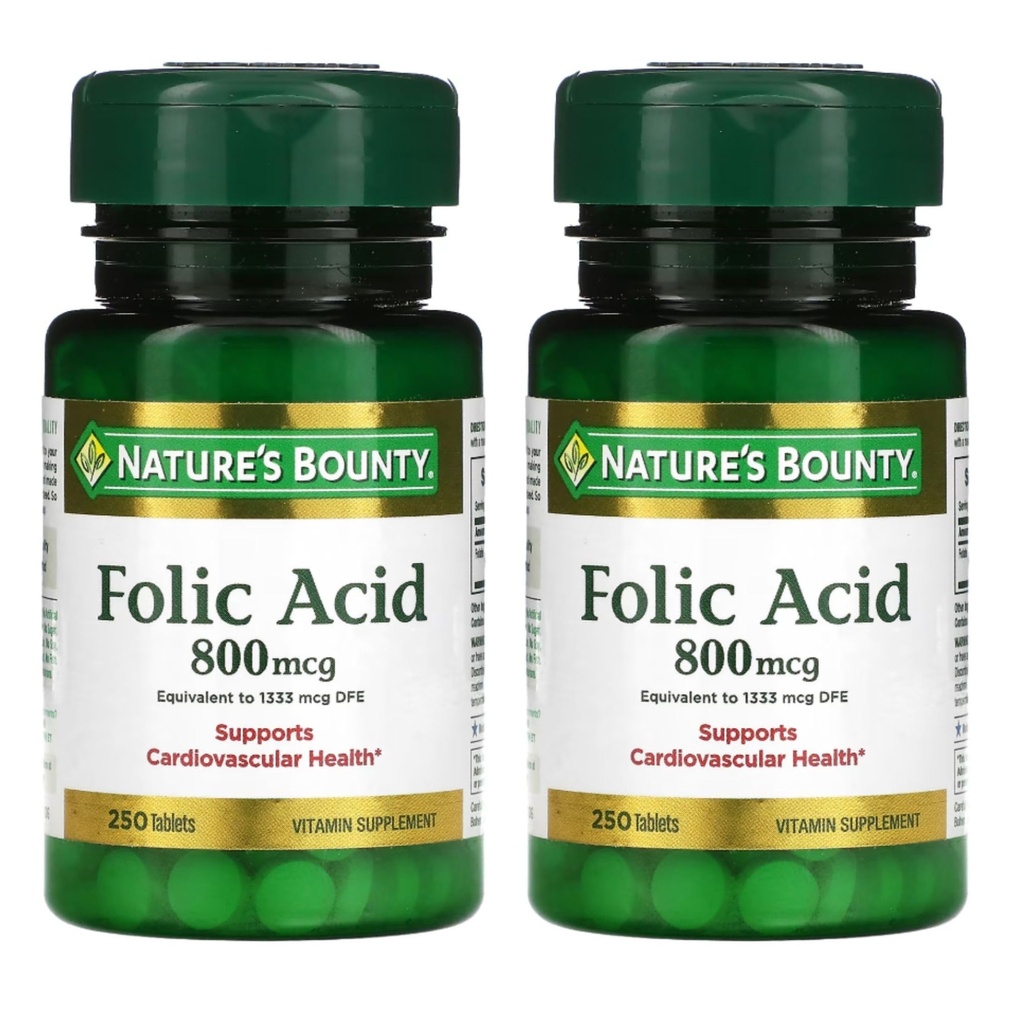 Nature 's Bounty Folic Acid 800 mcg Vitamin Suplemen Maksimum - 250 Tablet, Paket 2