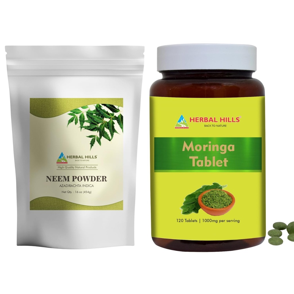 HERBAL HILLS Neem Leaf Powder dan Moringa Tablets Shigru Pack dari 2 Combo