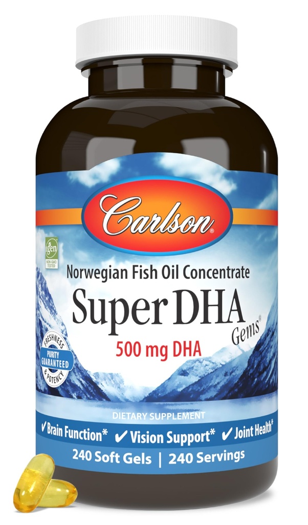 Carlson Super DHA Gems - 500 mg DHA Suplemen, 640 mg Fatty Acids, Norwegia Fish Oil Concent, Wild- Caught, Sumpable Sournales Fish Oil, 240 Softgels