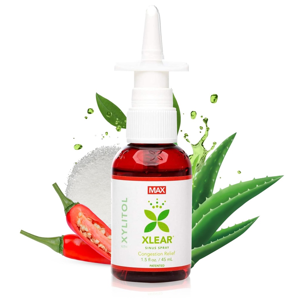 Xlear MAX Natural Xylitol Saline Nasal Spray with Capsicum and Aloe - Fast Acting for Sinus Pressure, Decongestant, Headache, Dry Nose, 1.5 flf oz (Pack of 1)