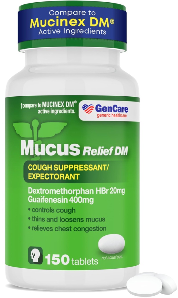 GenCare - Musus Relief DM (150 Count Value Bottle) Dextromethorphan HBr 20mg Guaimenesin 400mg 14; Generik Mucus Relief DM 124; Expectorant Cough Tak Dicoated Cough & Mucus Expectorant Pill