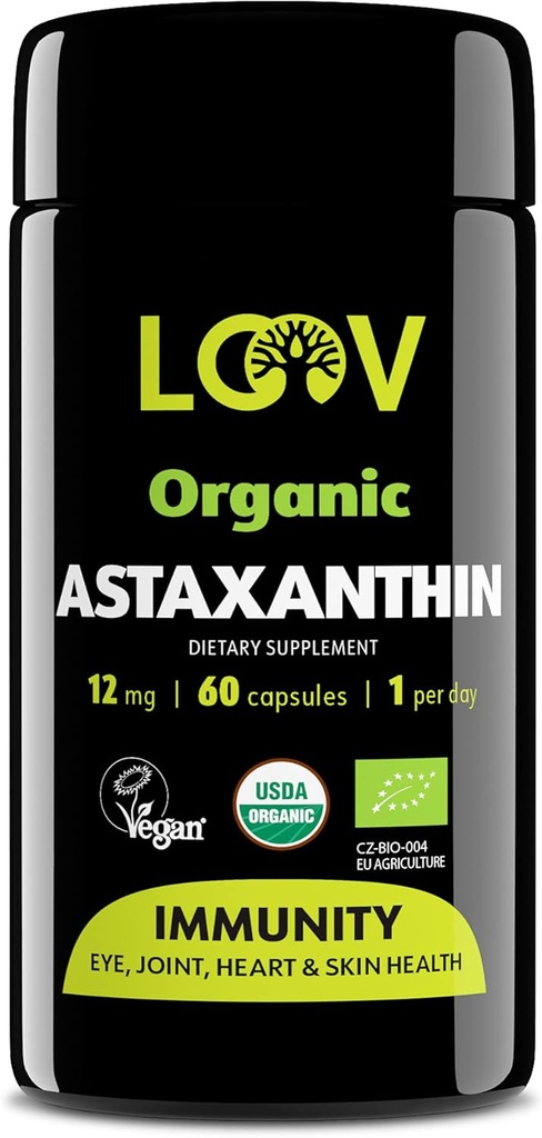 LOV Natural Organic Astaxanthin 12mg - 60- Day Suply - Max Strength Antioksidant - Eye, Gabungan, Skin, Imunity - dari Microalgae - Non-GMO, Vegan, Sustaminable