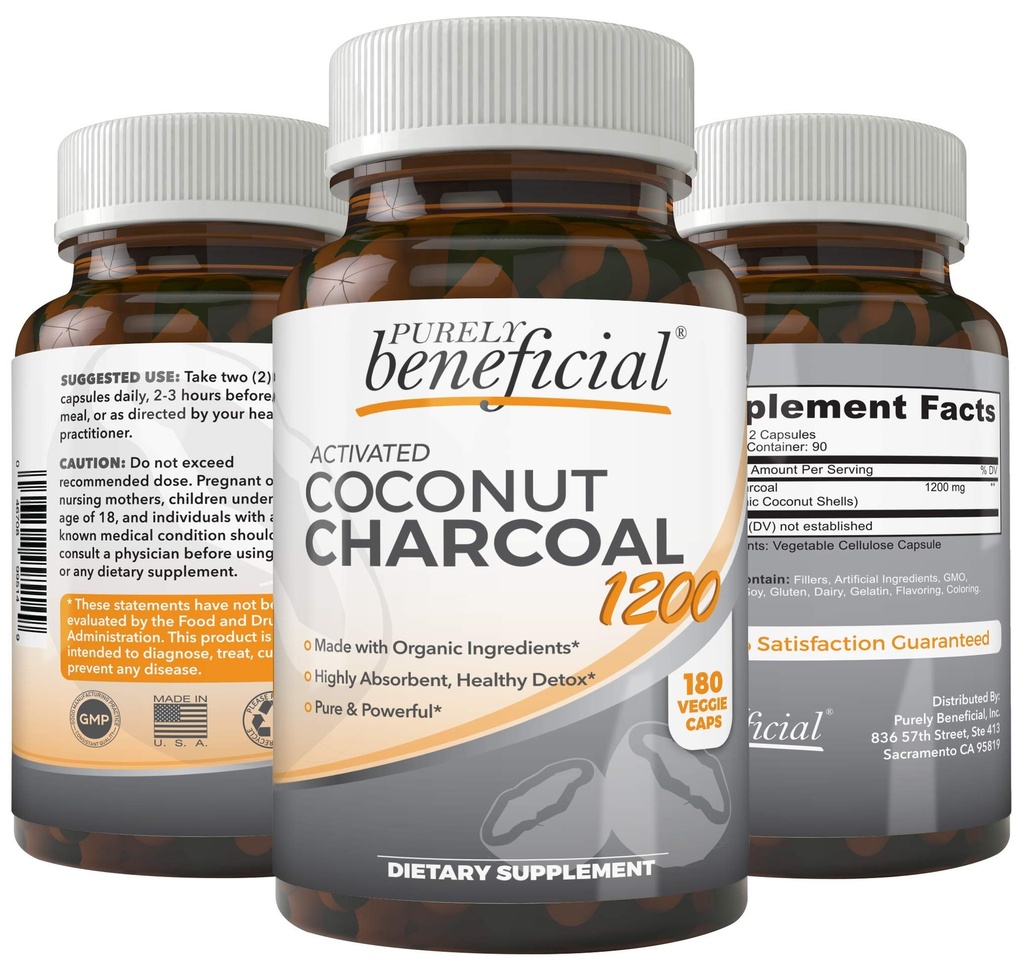 Aktif Coconut Arang 1200mg, 180 Kapsul - Pil untuk Sistem Digetical, Bloating, Vegan (1bottles)