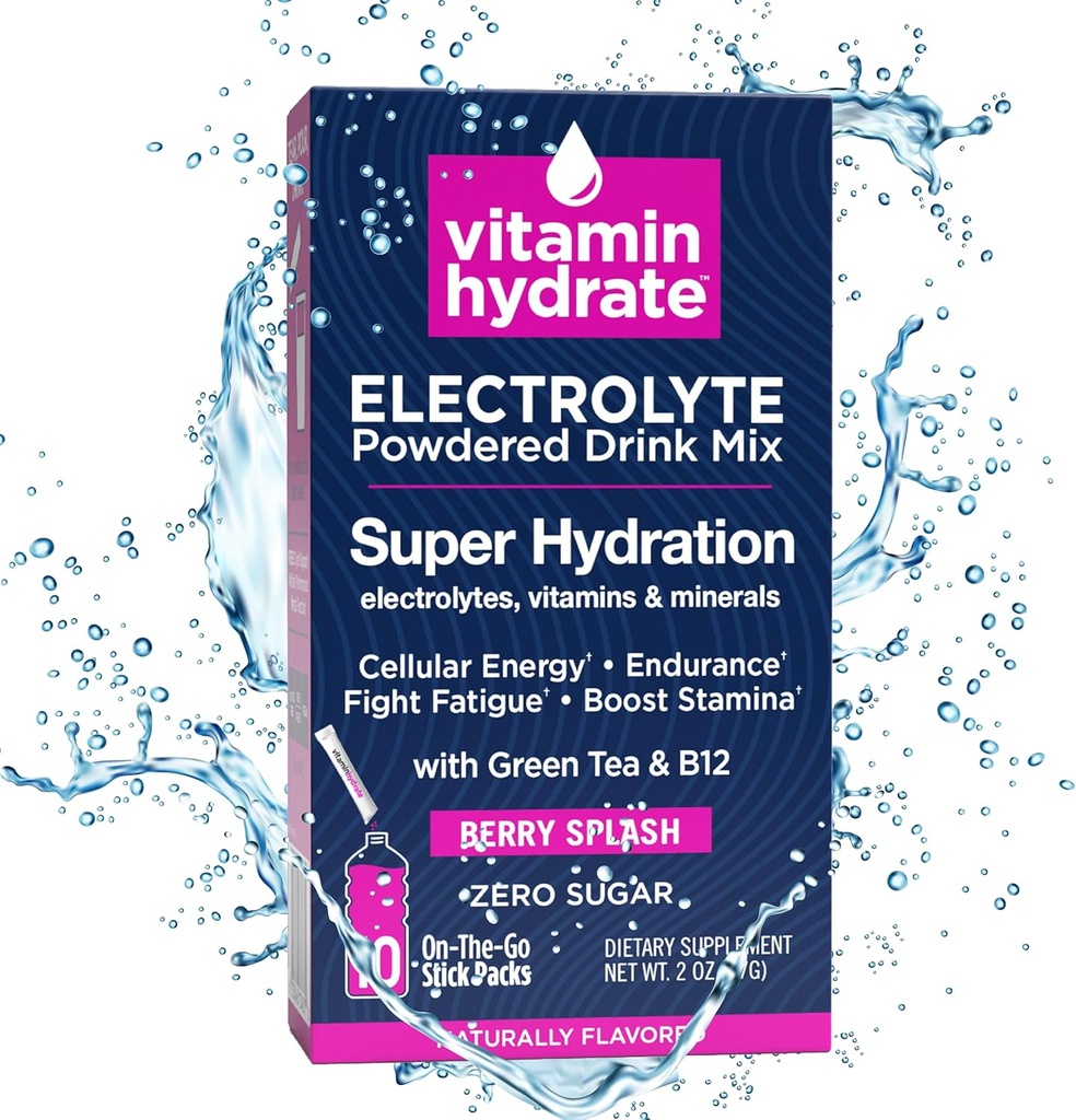 Vitamin Hydrate Electrolite Powtroyte Mix, Super Hidration, Boost Stamina & Fights Fatigue, Bursting with Electrolite, Vitamin & Minemins, 0 Sugar, Berry Splash, 10 Stick Packs