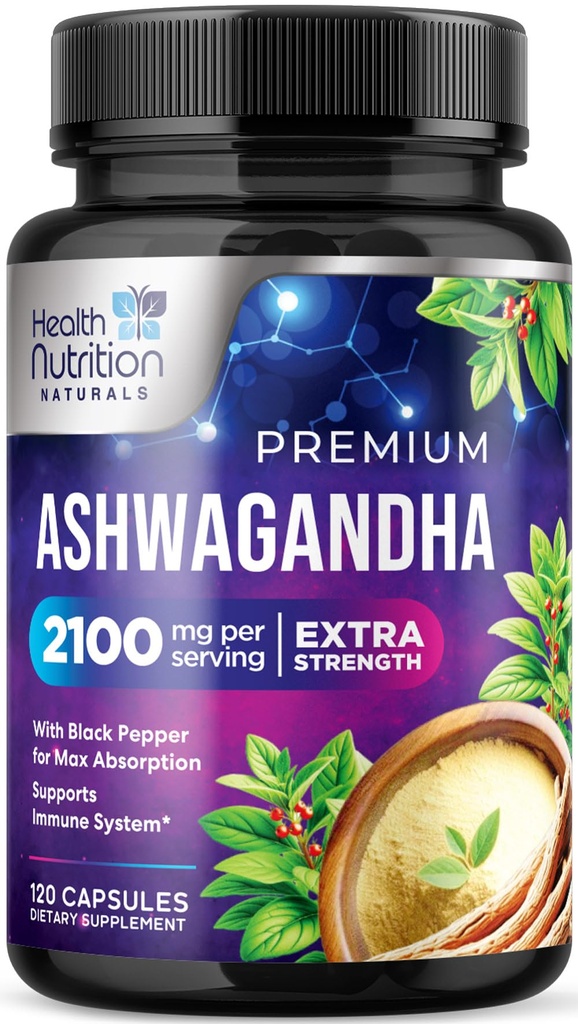 Suplemen Ashwagandha - 2100mg Ashwagandha Capsule untuk Perempuan & Pria, Dukungan Antioksidant Alam, Ekstra Root Ekstra Ekstra Dukungan Tenang dengan Black Pepper, Vegan & Gluten Free - 120 Capsules