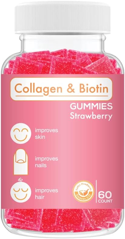 Colagen Biotin Gummies - Support Hair, Skin & Nails Hair Growth Anti Aging Care Gummy Vitamin, Vegan, Non-GMO, Gluten Free, Gelatin Strawberry Flavor 60 Count, Pink