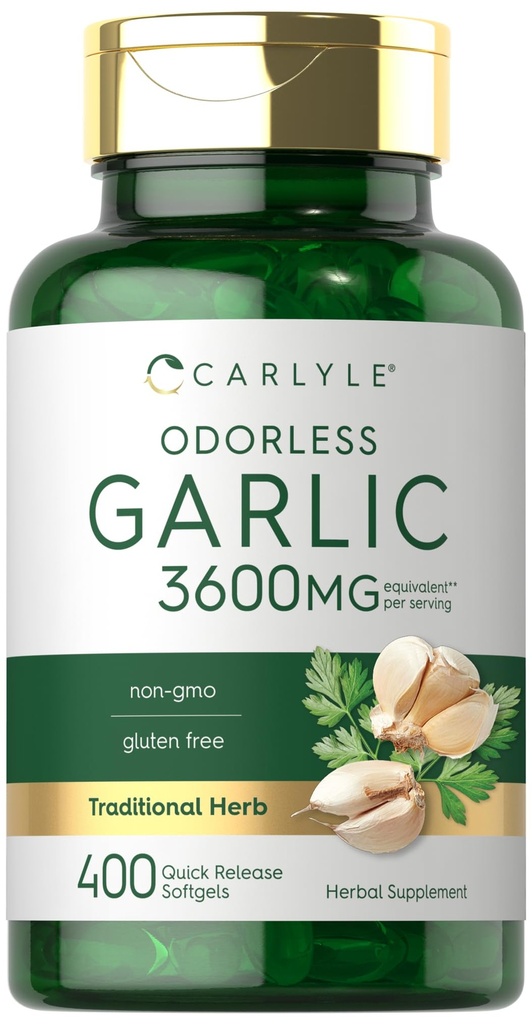 Carlyle Odorless Bawang putih Softgeels 3600 mg 124; 400 Count 124; Allium Sativum Bulb 124; Non GMO, Gluten Free Supplemen