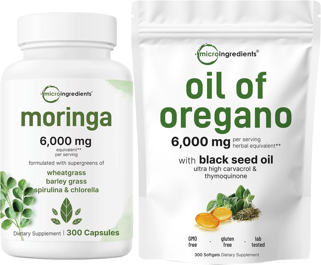 Micro Ingreations Oil of Oregano Softgeels 300 Count & Moringa Oleifera 6000mg Equiovalen 300 Capsules Bundle 2 Pack 124; Carvacrol & Thymoquinone 124; Antioksidant Suplemen